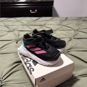 Adidas Kids Black Sneakers with Pink Stripes